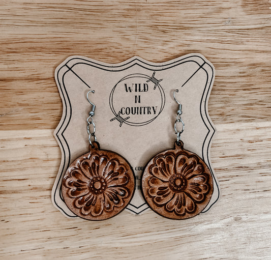 Brown Tooled Round Drop Earrings