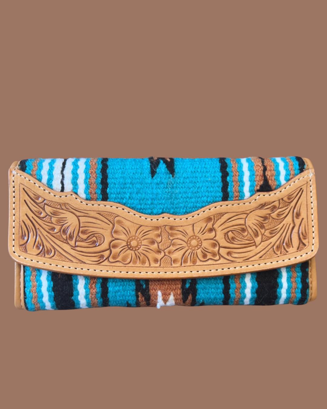 Saddle Bag wallet tooled leather-Teal/Tan